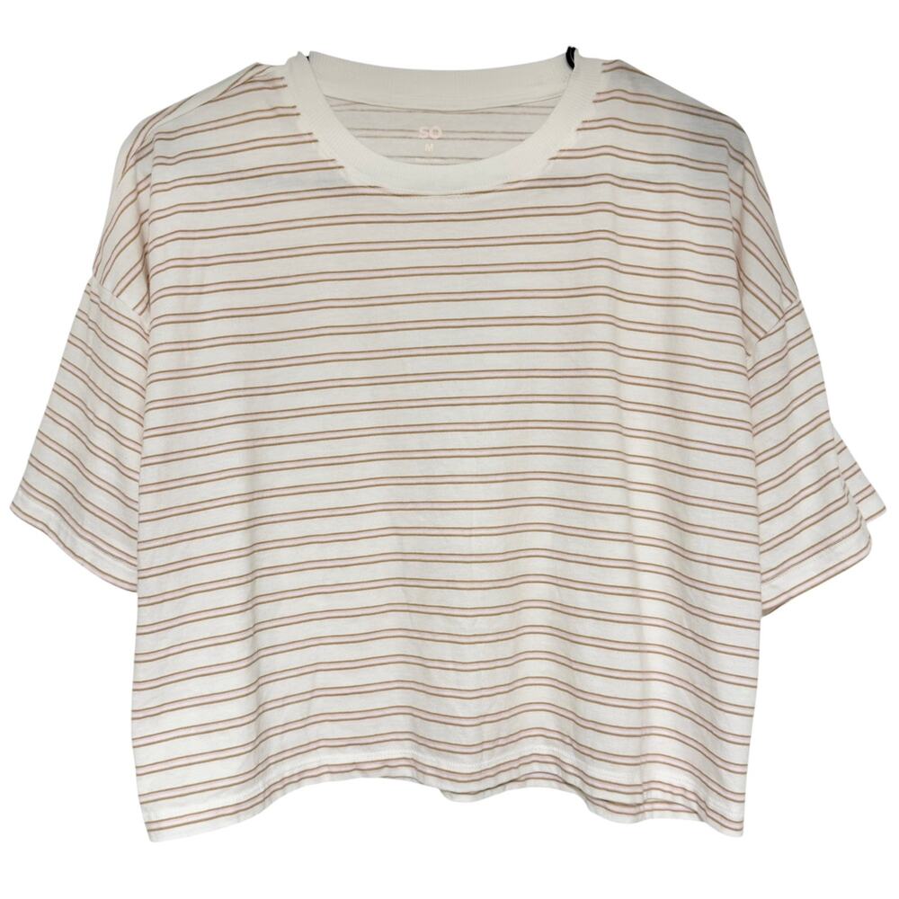 SO Striped Boxy Cropped T Shirt White Pink Size Medium Short Sleeve Lightweight